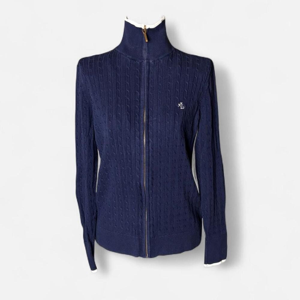 Lauren Ralph Lauren Navy Cable Knit Cardigan Zip Up Size M Preppy Classic